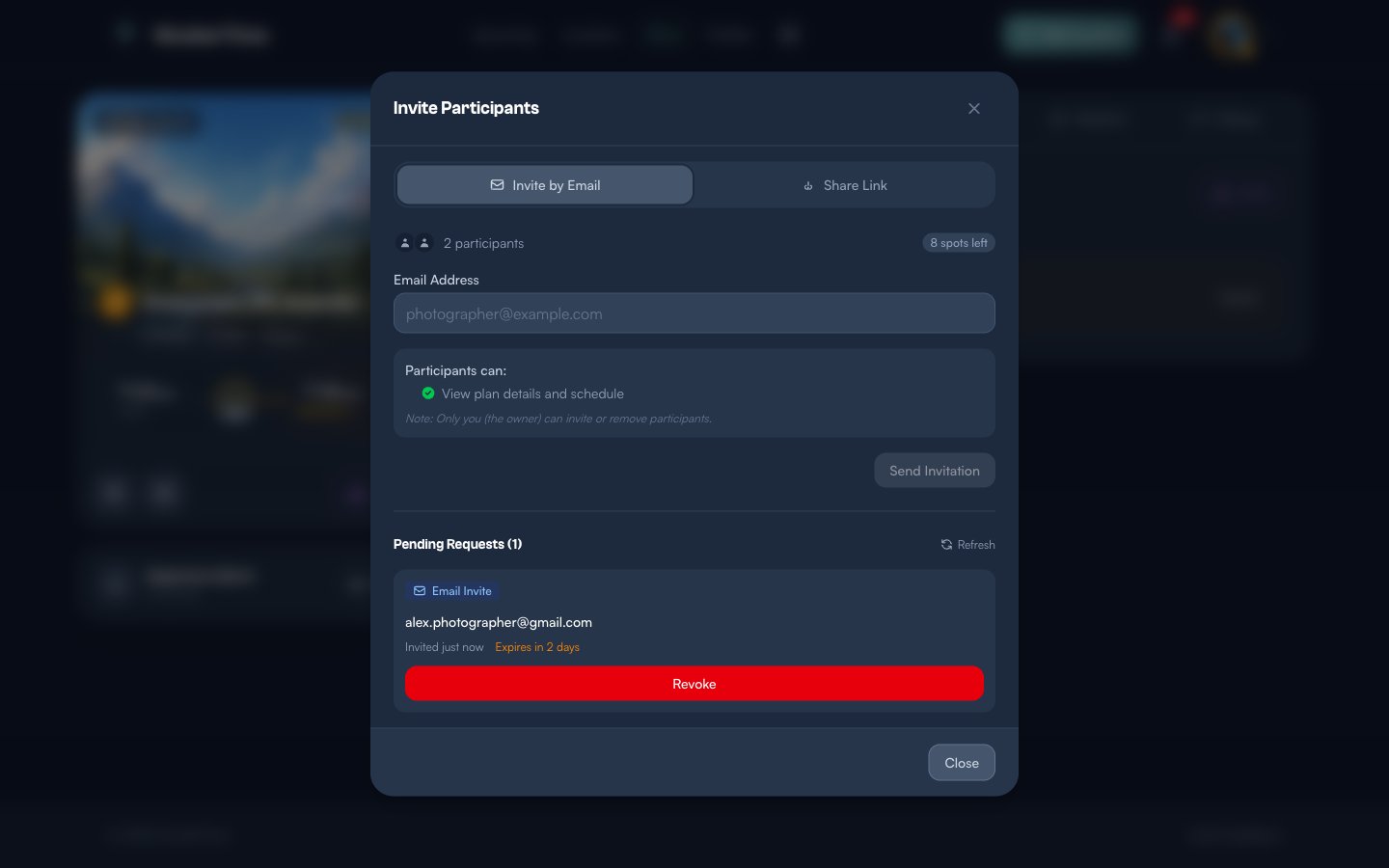 Invite modal after sending, showing a success message, 2 participants count, 8 spots left, and a Pending Requests section with the invitation to alex.photographer@gmail.com showing Invited just now and Expires in 2 days with a red Revoke button