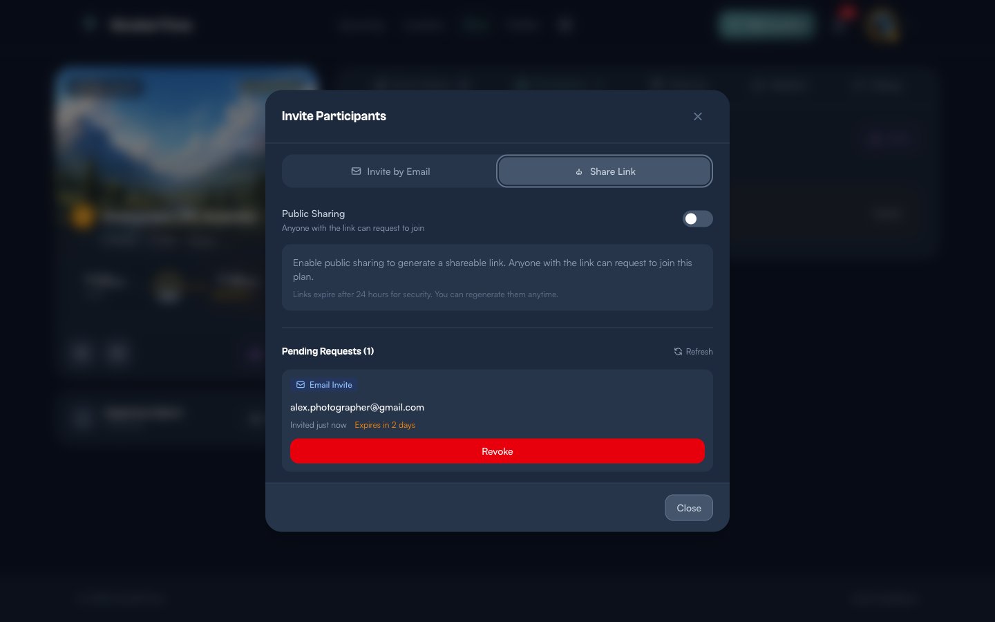 Share Link tab showing the Public Sharing toggle in the off position, with explanatory text about generating a shareable link and a note that links expire after 24 hours