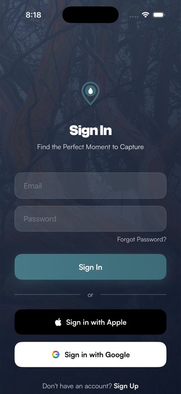 The ShutterTime sign-in screen showing the app logo, email and password fields, and options to sign in with Apple or Google
