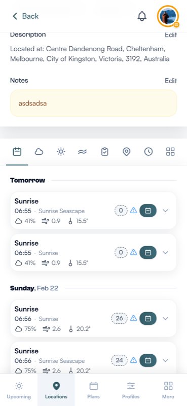 The conditions timeline showing upcoming sun phases with weather data, wind speed, cloud cover, and condition scores