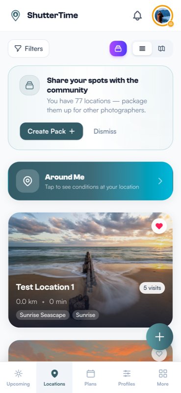 The Locations tab showing a card grid of saved photography locations with cover photos, distance, and attached profiles