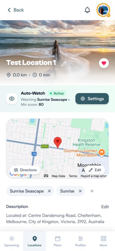 A location detail view showing the location name, map, attached profiles, and description