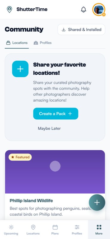 The Community tab showing shared location packs and an invitation to share your own favourite spots