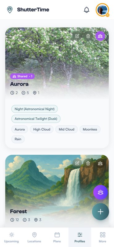 The Profiles tab showing photography profile cards like Aurora and Forest, each with their preferred conditions listed as tags
