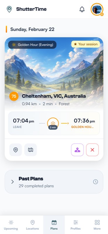The Plans tab showing an upcoming photo session with departure time, travel duration, and the golden hour start time