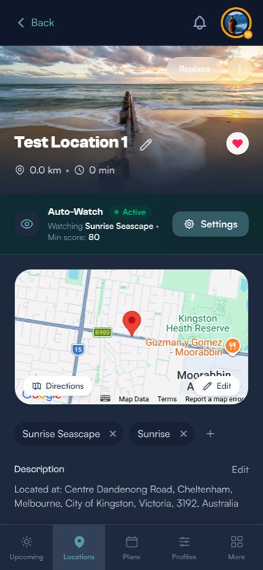A location detail view in dark mode showing the map, attached profiles, and Auto-Watch settings