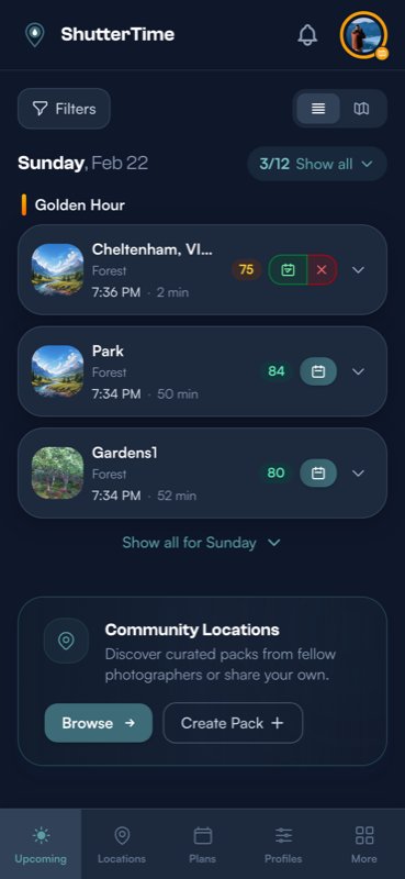 The ShutterTime dashboard in dark mode, showing upcoming opportunities with a deep slate background and teal accents