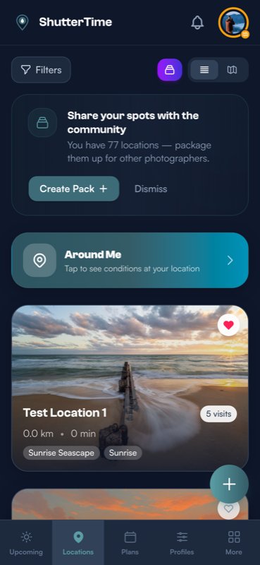 The Locations tab in dark mode showing location cards with cover photos that pop against the dark background