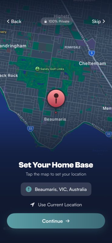 The home base map screen showing a dark-themed map of the Beaumaris area with a pin dropped, the selected location name, Use Current Location option, and a Continue button