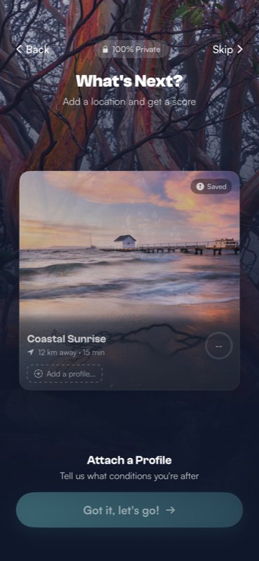 The workflow explainer showing step 2: Attach a Profile, with a Coastal Sunrise location card showing a beach pier at sunset, an Add a profile dashed placeholder, and a Got it let's go button