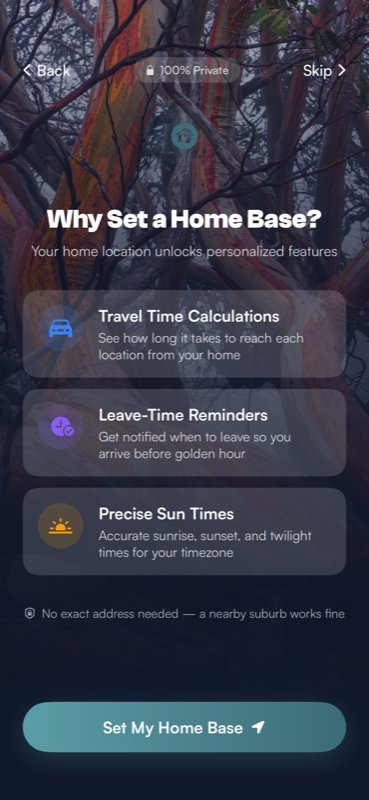 The home base explainer screen showing three benefit cards: Travel Time Calculations, Leave-Time Reminders, and Precise Sun Times, with a Set My Home Base button