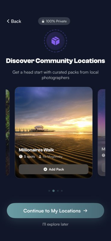 The community packs screen showing a Discover Community Locations heading, a purple package icon, and a carousel of location packs including Millionaires Walk with 5 spots, an Add Pack button, and Continue to My Locations