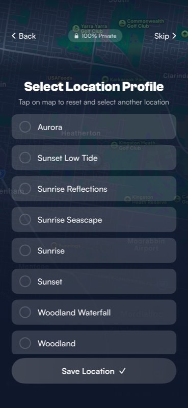 The add location screen showing a Select Location Profile heading with a scrollable list of photography profiles like Aurora, Sunset Low Tide, Sunrise Reflections, and a Save Location button