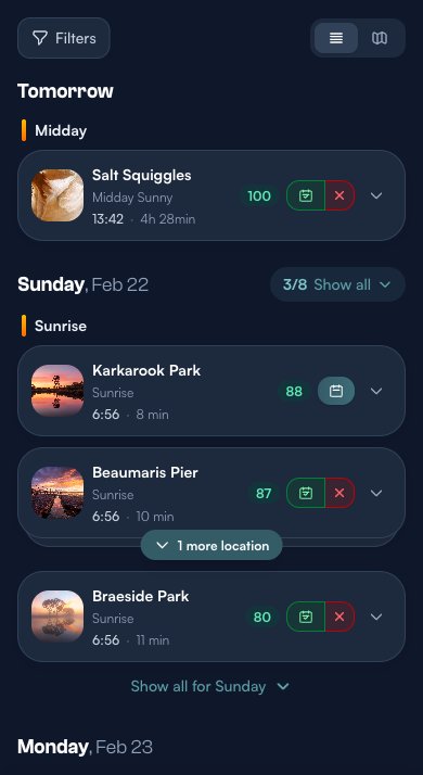 Upcoming page showing sunrise opportunities for the week ahead with scores for Karkarook Park, Beaumaris Pier, and Braeside Park
