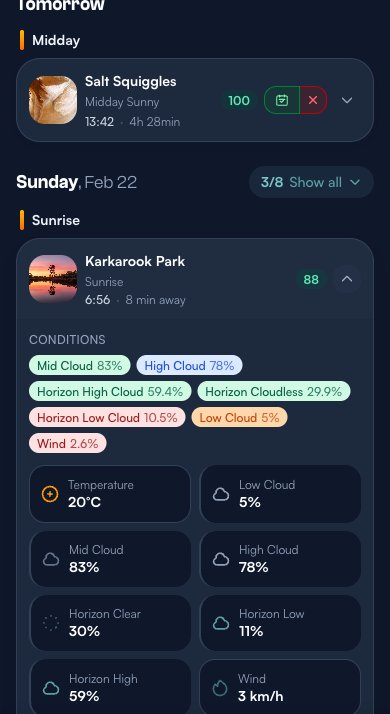 Expanded sunrise conditions showing cloud layers, wind speed, temperature, humidity, and aurora data for Karkarook Park