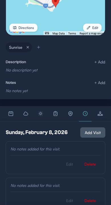 Visit History tab on the location page showing previous visits with Add Visit button