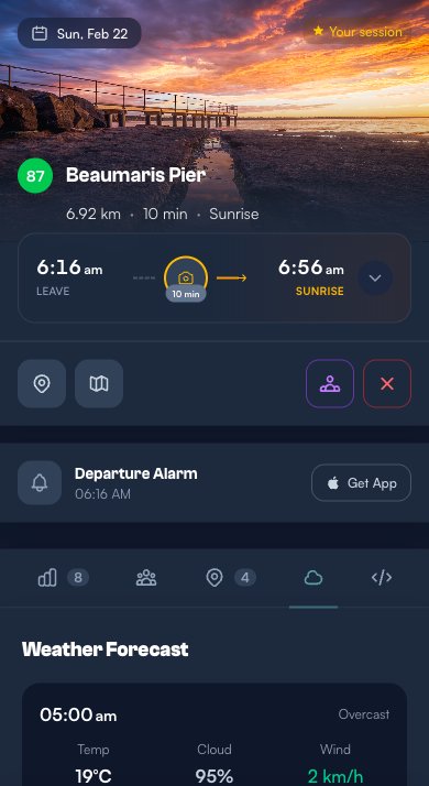 Hour-by-hour weather forecast showing conditions at 5 AM, 6 AM, 7 AM planned, and 8 AM with cloud cover, wind, and temperature