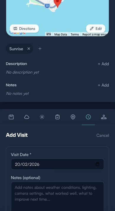 Add Visit form with date, notes field, photo upload, and share publicly toggle