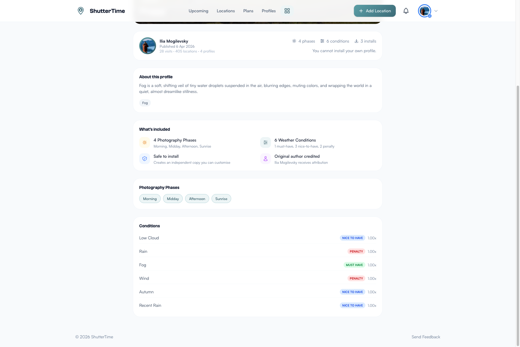 ShutterTime Foggy community profile showing conditions breakdown